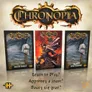 Three box covers for Chronopia game: left shows a knight in armor on a hill, middle depicts a dark fantasy warrior with fiery wings, right features a knight standing beside a post. Text reads "BASIC RULES," "RÈGLES D’INITIATION," "ZASADY PODSTAWOWE," and "Learn to Play! Apprenez à jouer!