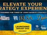 A promotional graphic features the text "ELEVATE YOUR STRATEGY EXPERIENCE" in bold, gold lettering against a textured blue background. Below, the names of three strategy games—"Axis and Allies," "IKUSA," and "Diplomacy"—are displayed in white and gold fonts. A yellow badge at the bottom reads "LAUNCHING JANUARY 2026" with the Backerkit logo, indicating the upcoming campaign for game accessories.