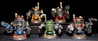 A group of five colorful, multipart miniatures representing armoured dwarves, each with distinct sci-fi and steam-driven designs. The miniatures feature various colors, including blue, green, red, and yellow, with intricate details like gears and pipes, and are equipped with different weapons. They stand on circular bases against a dark background, showcasing their unique character and craftsmanship.