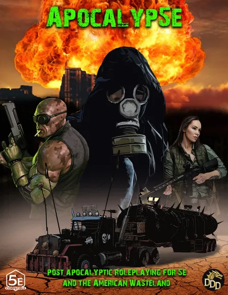 Three characters stand in a post-apocalyptic setting with large explosions and smoke billowing in the background.

On the left, a muscular person with a cybernetic left arm and left eye wears a gas mask hanging around their neck. They are crouched, holding a large firearm with a scope and a grenade launcher attached.

In the center, a tall figure in a tattered cloak with a gas mask covering their face stands upright. The mask has a skull-like design with glowing white eyes.

On the right, a woman with long dark hair sits on the ground, holding a rifle across her lap. She wears a green jacket and a belt with pouches.

In the foreground, a small tracked robot with a skull symbol on its front panel displays a screen with three blue bars. The robot has various mechanical components and attachments.