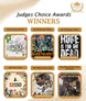 A graphic displays the winners of the UK Games Expo Judges’ Choice Awards 2026, featuring a grid layout with images and titles of the winning games. The top row includes "MicroMacro Jigsaw: The Home Game" for Best Gaming Novelty, "ArcWorlde: Gremlins!" for Best Miniatures Range, and "Hope is for the Dead" for Best Miniatures Rules. The bottom row showcases "SHUG" for Best Party Game, "Tales of the Old West" for Best Role-playing Game, and "Call of Cthulhu: The Sutra of Pale Leaves, Twin Suns Rising" for Best Role-playing Game Adventure. Each title is enclosed in a rounded box, with a consistent color scheme throughout.