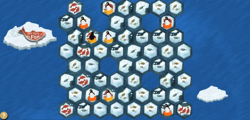 A game board for "Hey, That’s My Fish!" features a hexagonal layout of ice tiles on a blue ocean background. Several penguins, represented by black and orange tokens, are positioned on the tiles, which display various fish illustrations, indicating points. An ice floe on the left side of the image prominently displays the game's title, enhancing the playful and strategic theme of the game.