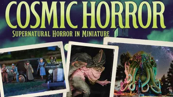 The image features the title "COSMIC HORROR" prominently at the top, with the subtitle "Supernatural Horror in Miniature" below it. Surrounding the title are several vintage-style photographs depicting scenes from the game: a group of characters, including men in suits and a woman in a blue dress, stand near a classic car, while monstrous entities loom in the background. The overall color scheme is dark and atmospheric, evoking a sense of mystery and horror typical of the 1930s Cthulhu Mythos.