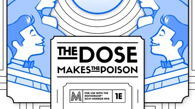 A stylized illustration with a repeating pattern of blue and white silhouettes of people with voluminous hair, arranged in a circular formation. In the center, there is a large, outlined teardrop shape. Below the teardrop, the text "THE DOSE" is visible, followed by "MAKES THE" in smaller font. The background features geometric, art deco-inspired patterns.