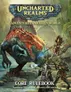 Cover art for a tabletop RPG showing a large, armored dinosaur-like creature attacking three armored adventurers near rocky ruins. One adventurer wields a spear, another a sword, and a third holds a glowing orb.