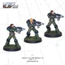 Three miniatures of armed soldiers in green armor on grass-textured bases.