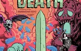 "Dungeon Death" title, sword, skull, bat, monster, shield, flames, and blue drops.