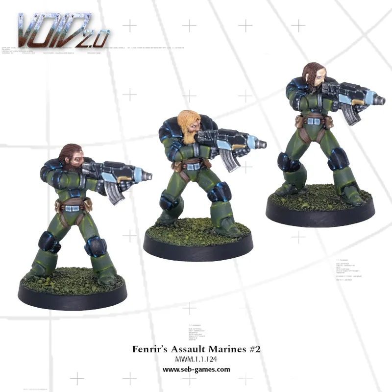 Three miniatures of armed soldiers in green armor on grass-textured bases.