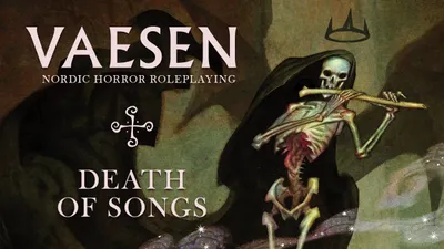 Skeletal figure in tattered cloak playing a wooden flute, standing on rocky terrain with a dark, misty background. Text reads "DEATH OF SONGS" vertically on left.