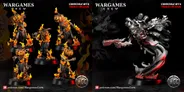 A collection of miniatures features undead figures with pumpkin heads and fiery effects, showcasing a Halloween theme. The models are depicted in various poses, with flames accentuating their skeletal forms and tattered clothing. The background includes a stylized logo for Wargames Crew, emphasizing compatibility with the "Trench Crusade" game.