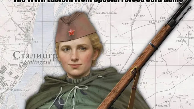 A person in a green military uniform and camouflage cape, wearing a brown cap with a red star, holding a bolt-action rifle with a bayonet. Behind them, a faded topographic map with Cyrillic text, including the word "Сталинград" (Stalingrad). At the top, bold text reads "WARFIGHTER The WWII Eastern Front Special Forces Card Game".