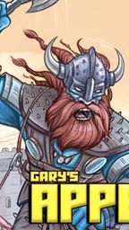 A muscular giant with a long red beard and a horned helmet wields a large weapon, showcasing a fierce expression. He is dressed in armor adorned with spikes and is set against a light-colored background that suggests a fantasy landscape. The title "GARY'S APPENDIX" is prominently displayed at the bottom in bold yellow letters, accompanied by icons indicating its compatibility with Old-School Essentials.
