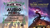 A vibrant graphic features the title "HPLHS AUDIO PROPS Volume One" prominently displayed, with a stylized design that includes sound wave motifs and silhouettes of figures. To the right, the cover of "Masks of Nyarlathotep" showcases a dark, atmospheric illustration of a tentacled creature, emphasizing the eerie theme of the Call of Cthulhu universe. The text highlights the connection to the campaign, with the authors' names listed below the title.