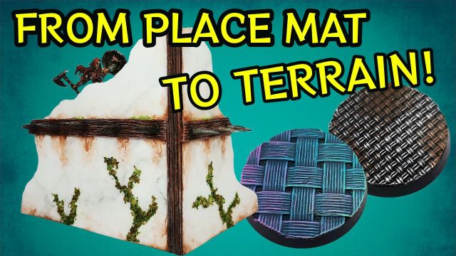 A textured terrain piece resembling a weathered stone structure with a cross, adorned with green moss, is prominently featured on the left. To the right, three circular terrain mats showcase different patterns: one with a woven texture in shades of blue, another with a dark, grid-like design, and a third with a smooth, glossy finish. Bold text at the top reads "PLACE MAT TO TERRAIN," emphasizing the innovative concept of transforming mats into detailed gaming terrain.