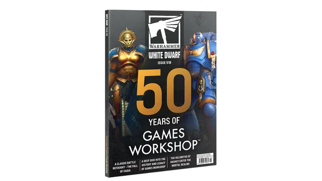 The cover features the "White Dwarf" magazine, issue 518, celebrating "50 Years of Games Workshop." On the left, a golden armored character stands, while on the right, a blue-armored Space Marine is depicted. The background is dark, with bold text highlighting the anniversary and additional features of the issue.
