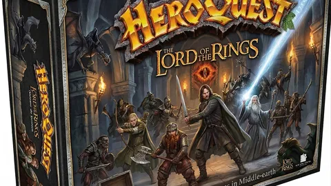 A box for "HeroQuest: The Lord of the Rings" features a dynamic illustration on the front, showcasing iconic characters from the series, including Aragorn, Legolas, and Gandalf, set against a dark, stone dungeon backdrop. The title is prominently displayed at the top, with the One Ring symbol glowing in the center. The box also includes a treasure chest filled with gold coins and jewels, hinting at the adventures within.