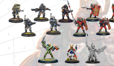 A collection of miniature figures showcases two new additions to the webshop. The top row features several armored warriors, including a fierce warrior from the Leviathan Classic Range, who channels Earthpower, and multiple Convict Auxilia in red armor, equipped for close combat. The bottom row includes a diverse array of characters, such as a figure in green with a bow, a samurai-inspired warrior, and a gray figure wielding a large weapon, all set against a subtle background.