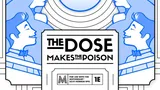 A stylized illustration with a repeating pattern of blue and white silhouettes of people with voluminous hair, arranged in a circular formation. In the center, there is a large, outlined teardrop shape. Below the teardrop, the text "THE DOSE" is visible, followed by "MAKES THE" in smaller font. The background features geometric, art deco-inspired patterns.