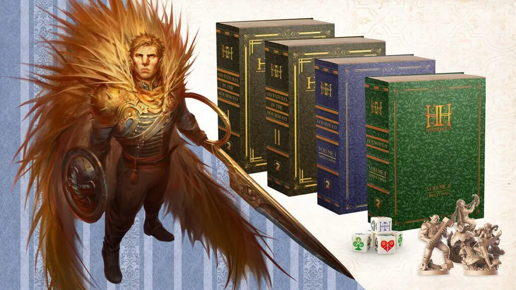 A heroic character stands prominently in the foreground, adorned in ornate armor with a striking feathered cape, holding a large sword and a shield. Behind him, several beautifully designed books are displayed, including titles like "Adventures in the Household" and "Volume II," each featuring distinct colors and elegant lettering. The background features a subtle striped pattern, enhancing the overall whimsical and adventurous theme of the scene.