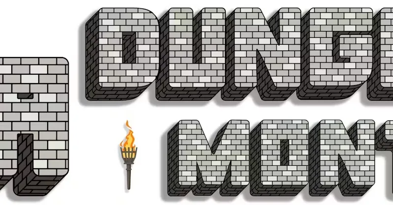 Bold, blocky text spells out "MEGA DUNGEON MONTH" in a stone brick style, evoking a dungeon-like atmosphere. A stylized torch with a flame is positioned to the right of the text, adding to the adventurous theme. The overall design is eye-catching and fits the tabletop gaming aesthetic, suggesting a focus on dungeon crawling and RPG content.