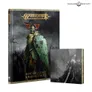 A prominent book titled "Soulblight Gravelords" from the Warhammer Age of Sigmar series is displayed, featuring a striking cover illustration of a skeletal figure adorned with a green shield and red wings. Beside it, a smaller book showcases a dark, atmospheric image of skeletal warriors marching with swords raised. The overall color scheme includes dark tones with hints of green and red, emphasizing the eerie theme of the Soulblight Gravelords.