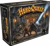 A box for "HeroQuest: The Lord of the Rings" features a dynamic illustration on the front, showcasing iconic characters from the series, including Aragorn, Legolas, and Gandalf, set against a dark, stone dungeon backdrop. The title is prominently displayed at the top, with the One Ring symbol glowing in the center. The box also includes a treasure chest filled with gold coins and jewels, hinting at the adventures within.