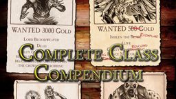 A collection of wanted posters is displayed against a wooden background, featuring various characters and bounties. The central poster, labeled "WANTED 500 Gold," depicts a winged figure named Imblen the Blade, with notes indicating they are alive and have been involved in rescuing others. The title "COMPLETE CLASS COMPENDIUM" is prominently featured at the bottom, emphasizing the focus on new adventurer classes.