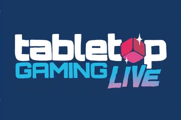 The logo for "Tabletop Gaming Live" features bold, playful typography on a dark blue background. The word "tabletop" is in white, while "GAMING" is in a vibrant blue, and "LIVE" is in a gradient of pink to purple, with a stylized red gaming die incorporated into the design. The overall look is dynamic and inviting, reflecting the excitement of the event.
