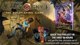 A fantasy-themed tabletop game box titled Between Earth & Sky: The Roleplaying Game, featuring a purple cover with illustrated characters in dynamic poses. Below, two bookmarks in colorful sleeves with game branding.