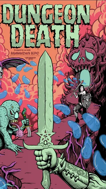 "Dungeon Death" title, sword, skull, bat, monster, shield, flames, and blue drops.