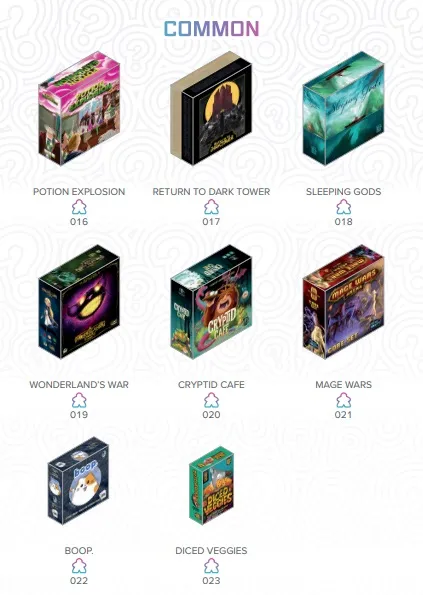 Nine miniature board game boxes arranged in three rows of three. Each box features distinct artwork and titles.

Top row:
- Left: "Potion Explosion" box with colorful potion bottles and ingredients.
- Middle: "Return to Dark Tower" box with dark, ominous tower imagery.
- Right: "Sleeping Gods" box with a ship on a green, stormy sea.

Middle row:
- Left: "Wonderland's War" box with a whimsical, fantasy-themed illustration.
- Middle: "Cryptid Cafe" box with cartoonish creatures and a cafe setting.
- Right: "Mage Wars" box with a fantasy battle scene.

Bottom row:
- Left: "Boop" box with a cute, cartoon animal.
- Middle: "Pickles & Pizzas" box with playful food-themed artwork.
