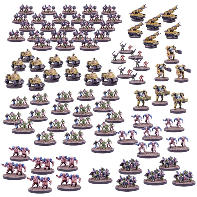 A diverse array of 10mm-scale miniatures from the Epic Warpath game is displayed, featuring two distinct armies: the Earth’s Enforcers and the alien Plague. The Enforcers are represented by various infantry figures and vehicles, including yellow armored transports, while the Plague showcases grotesque, mutated creatures and bio-engineered units. The miniatures are arranged on circular bases, highlighting their detailed designs and vibrant colors against a neutral background.