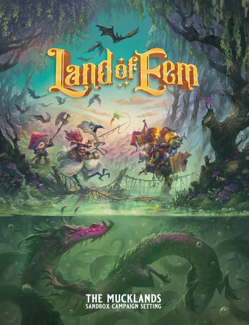 A vibrant illustration depicts a whimsical scene from the Land of Eem, showcasing a group of colorful adventurers traversing a swampy landscape. The characters include a small creature wielding an axe, a figure riding a large bird, and another character with a backpack, all set against a backdrop of twisted trees and murky waters. Below the surface, a menacing dragon-like creature lurks, adding a sense of adventure and danger to the playful atmosphere. The title "Land of Eem: The Mucklands Sandbox Campaign Setting" is prominently displayed at the bottom.
