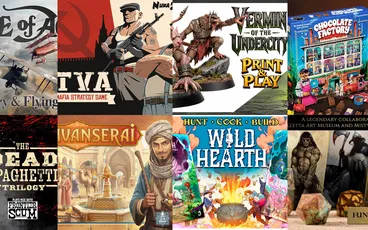 Collage of six board game covers: VA Strategy Game, Vermin of the Undercity, Anserai, Wild Heart, Hunt Cook Build, and a painted miniature.
