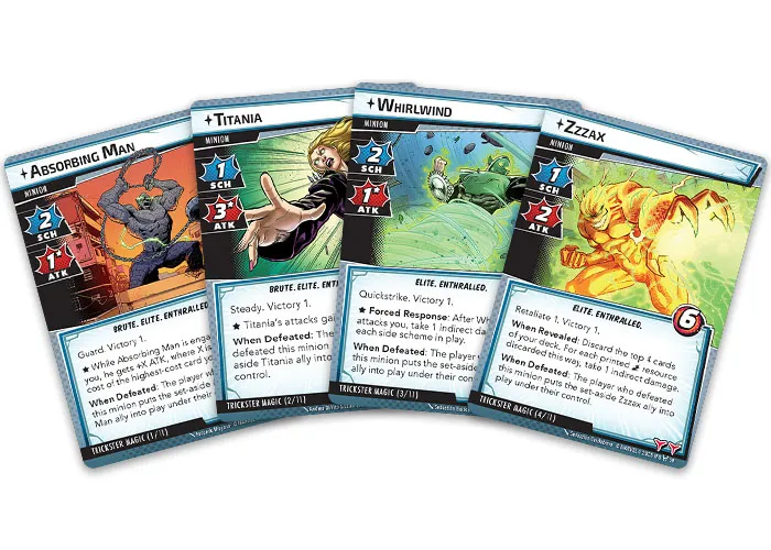 Four character cards from the Trickster Takeover Scenario Pack for Marvel Champions: The Card Game are displayed. The cards feature Absorbing Man, Titania, Whirlwind, and Zzzax, each with distinct artwork and abilities. Absorbing Man is depicted in a powerful pose, while Titania shows a confident stance, Whirlwind is illustrated in motion with swirling winds, and Zzzax is portrayed with electric energy, highlighting their roles as enthralled minions in the game.