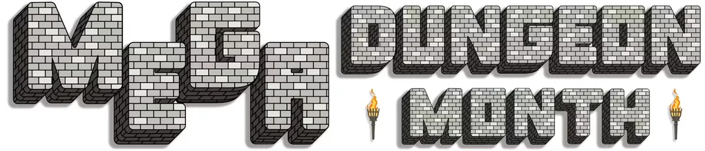 Bold, blocky text spells out "MEGA DUNGEON MONTH" in a stone brick style, evoking a dungeon-like atmosphere. A stylized torch with a flame is positioned to the right of the text, adding to the adventurous theme. The overall design is eye-catching and fits the tabletop gaming aesthetic, suggesting a focus on dungeon crawling and RPG content.