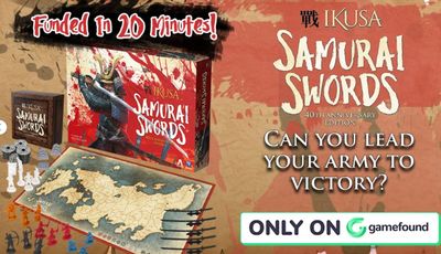 A vibrant promotional image for the 40th anniversary edition of "Ikusa Samurai Swords" features the game box prominently displayed against a textured red background. Below the box, a detailed game board depicting a map of feudal Japan is visible, along with several black samurai swords arranged in a fan shape. Bold text at the top reads "Play in 20 Minutes!" while the bottom includes a call to action stating "ONLY ON Gamefound."
