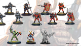 A collection of miniature figures showcases two new additions to the webshop. The top row features several armored warriors, including a fierce warrior from the Leviathan Classic Range, who channels Earthpower, and multiple Convict Auxilia in red armor, equipped for close combat. The bottom row includes a diverse array of characters, such as a figure in green with a bow, a samurai-inspired warrior, and a gray figure wielding a large weapon, all set against a subtle background.