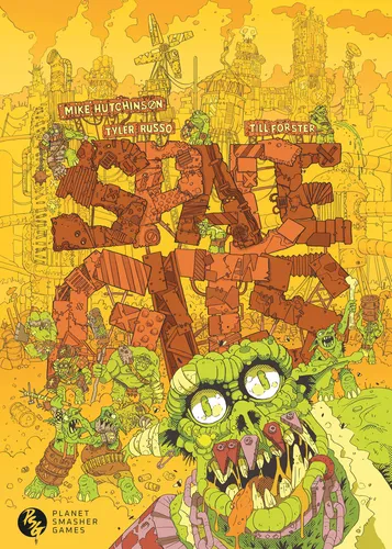 A vibrant illustration features a chaotic scene filled with cartoonish space orcs, each displaying exaggerated features and expressions, set against a bright yellow background. The title "SPACE GITS" is prominently displayed in bold, blocky letters, surrounded by various orc characters engaging in raucous activities amidst a backdrop of debris and makeshift structures. The overall tone is playful and energetic, capturing the essence of a fun, chaotic skirmish game.