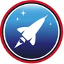 A white rocket ship ascending diagonally against a blue gradient background with three white stars. Red and black circular border.