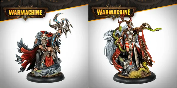 The image features two intricately designed miniatures from the Warmachine Khador Old Umbrey Auxiliary Expansion. On the left, a figure with a skeletal, branch-like appearance holds a staff, adorned with various textures and details. On the right, a witch, Olesea Reznikova, is depicted in a dynamic pose, wearing a mix of armor and flowing garments, with a serpent coiling around her arm and a dramatic backdrop of fur and foliage. Both miniatures are set against a light gradient background, emphasizing their detailed craftsmanship.