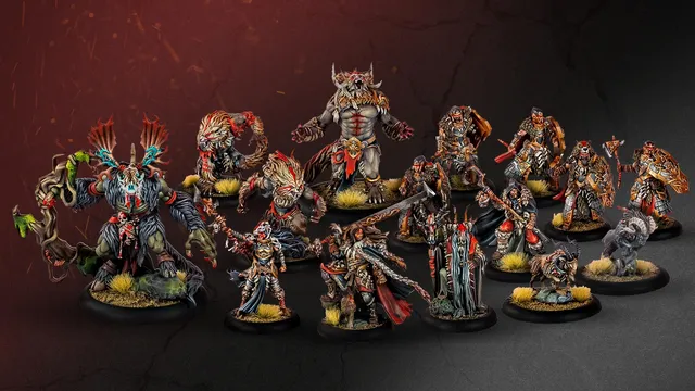 A diverse group of fantasy miniatures is displayed, featuring various characters and beasts from the Old Umbrey Core Expansion. Prominent figures include a muscular warlock with a fierce expression, flanked by werewolves and a large, imposing beast. The scene is set against a dark background, with vibrant colors highlighting the intricate details of the miniatures, including their armor, weapons, and dynamic poses, while patches of grass add a touch of realism to the base.