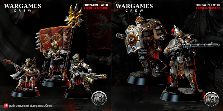 A collection of miniatures from Wargames Crew showcases two distinct figures on a dark background. On the left, a cloaked character holds a firearm, adorned with gold accents and a flowing red cape, while on the right, two heavily armored warriors stand side by side, one wielding a large shield and the other a weapon, both featuring intricate metallic details and vibrant red highlights. The text 