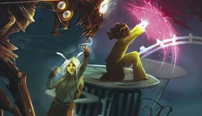 Two figures stand on a floating, circular platform suspended in a dark, cloudy sky with faint stars. The platform has ornate, metallic edges resembling gears and machinery.

On the left, a person with pale skin and white hair tied in a loose ponytail wears a green outfit with brown boots and gloves. They hold a glowing yellow orb in their right hand, raised upward, while their left hand rests on their hip.

On the right, a person with dark hair tied in a bun wears a sleeveless top and high-waisted pants. They crouch on one knee, extending their right hand forward, which emits a bright yellow energy beam that intersects with a glowing pink and purple energy vortex in the air between them.

In the background, a large mechanical structure with golden, curved pipes and glowing yellow orbs extends from the left side of the image. The text "MYSTIC MARGINALIA" is displayed in large, distressed white letters at the top right.