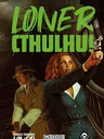Large, bold, green and black text at the top reads "LIVE IN CTHULHU!" In the foreground, a person with bright red hair, wearing a teal jacket over a white shirt, is reclining in a wooden chair. They are holding a revolver in their right hand, pointing it upward. Their expression appears alarmed. Behind them, an older person with white hair and a mustache, wearing a light brown suit, a green shirt, and a light-colored hat, stands with a concerned look on their face. The setting appears dimly lit, with indistinct dark shapes in the background.