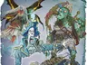 A vibrant illustration features four undead pirate characters. On the left, a faerie pirate with large, dark wings and flowing hair is depicted, wearing a tattered dress. In the center, an undead pirate captain in a blue coat and tricorn hat, with a skeletal face and a long beard, gestures dramatically. To the right, a green-skinned pirate with a patchy outfit and various sea creatures adorning her body holds a weapon, while a crab-like creature with a pirate hat and bulging eyes sits in the foreground, showcasing a treasure-laden shell. The background has a textured, oceanic theme, enhancing the eerie atmosphere.
