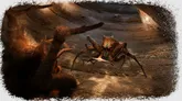 Large spider with glowing green eyes on a stone surface.