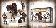 A group of new miniatures from TT Combat features the "Running Aground" tag team for Rumbleslam, showcasing a variety of characters. Prominent figures include a large, muscular ape dressed as a pirate, a smaller character holding a skull, and a rigging monkey, all adorned in colorful striped pants. The packaging for the team is visible on the right, displaying the title "RUMBLESLAM" along with illustrations of the characters.