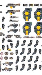 A detailed assortment of miniature components for tabletop gaming, featuring various weapons, arms, and heads designed for use in the Necromunda setting. The items include rifles, pistols, grenades, and melee weapons, alongside mechanical parts and accessories. The color scheme predominantly features black with yellow and green accents, showcasing a mix of futuristic and industrial designs suitable for character customization.