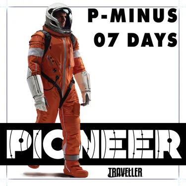 An astronaut in an orange space suit walks confidently, showcasing a sleek helmet and metallic arm attachments. The background features bold text stating 